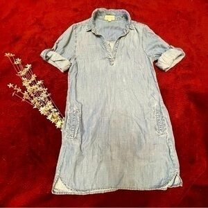 Anthropologie ❤️ Cloth & Stone V-Neck Denim Dress Pockets Short Sleeves Cuffed S